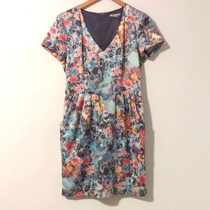 H&M Floral Roses Pastel V-Neck Short Sleeve Pockets Pleats Garden Party Dress 8